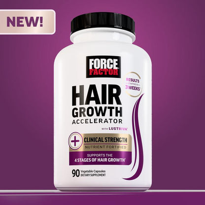 Force Factor Hair Growth Accelerator with Clinically Researched Lustriva for Enhanced Hair Thickness and Strength, Featuring Biotin, Vitamins E & C, Available in Soft Chews or Capsules, Mixed Berry Flavor