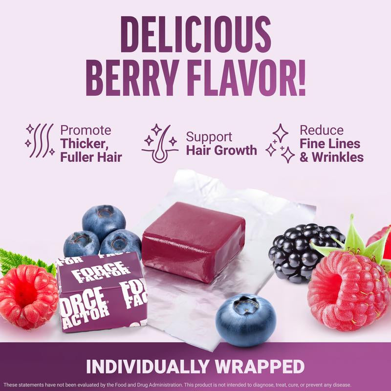 Force Factor Hair Growth Accelerator with Clinically Researched Lustriva for Enhanced Hair Thickness and Strength, Featuring Biotin, Vitamins E & C, Available in Soft Chews or Capsules, Mixed Berry Flavor