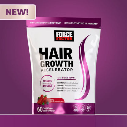 Force Factor Hair Growth Accelerator with Clinically Researched Lustriva for Enhanced Hair Thickness and Strength, Featuring Biotin, Vitamins E & C, Available in Soft Chews or Capsules, Mixed Berry Flavor