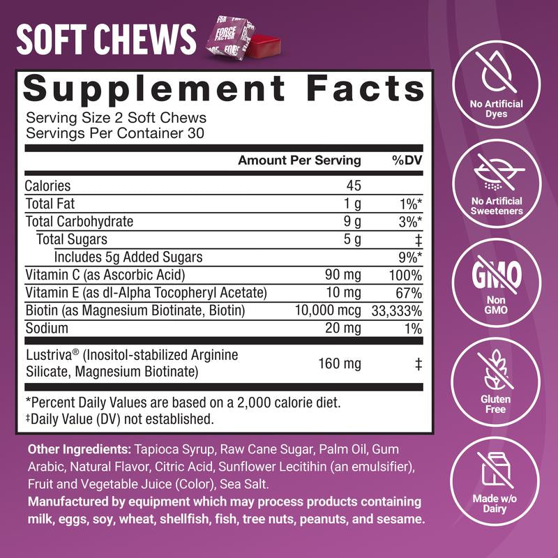 Force Factor Hair Growth Accelerator with Clinically Researched Lustriva for Enhanced Hair Thickness and Strength, Featuring Biotin, Vitamins E & C, Available in Soft Chews or Capsules, Mixed Berry Flavor