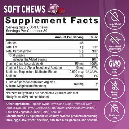 Force Factor Hair Growth Accelerator with Clinically Researched Lustriva for Enhanced Hair Thickness and Strength, Featuring Biotin, Vitamins E & C, Available in Soft Chews or Capsules, Mixed Berry Flavor