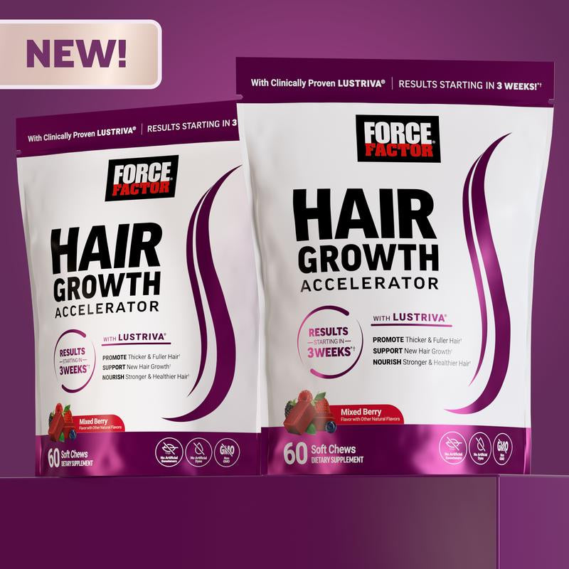 Force Factor Hair Growth Accelerator with Clinically Researched Lustriva for Enhanced Hair Thickness and Strength, Featuring Biotin, Vitamins E & C, Available in Soft Chews or Capsules, Mixed Berry Flavor
