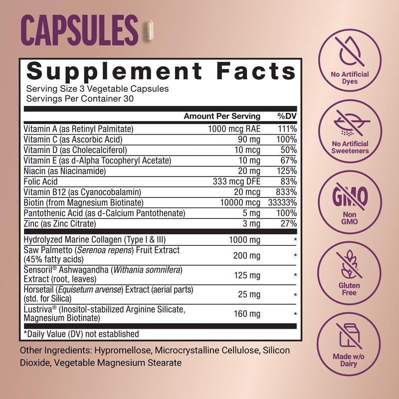 Force Factor Hair Growth Accelerator with Clinically Researched Lustriva for Enhanced Hair Thickness and Strength, Featuring Biotin, Vitamins E & C, Available in Soft Chews or Capsules, Mixed Berry Flavor