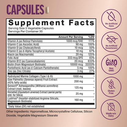 Force Factor Hair Growth Accelerator with Clinically Researched Lustriva for Enhanced Hair Thickness and Strength, Featuring Biotin, Vitamins E & C, Available in Soft Chews or Capsules, Mixed Berry Flavor