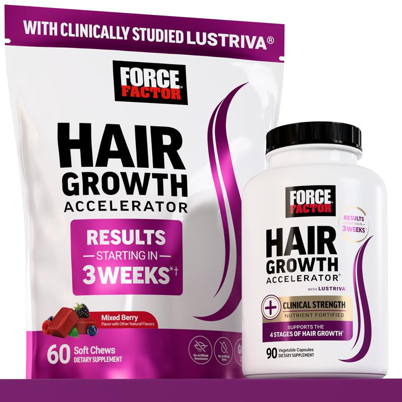 Force Factor Hair Growth Accelerator with Clinically Researched Lustriva for Enhanced Hair Thickness and Strength, Featuring Biotin, Vitamins E & C, Available in Soft Chews or Capsules, Mixed Berry Flavor