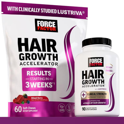 Force Factor Hair Growth Accelerator with Clinically Researched Lustriva for Enhanced Hair Thickness and Strength, Featuring Biotin, Vitamins E & C, Available in Soft Chews or Capsules, Mixed Berry Flavor