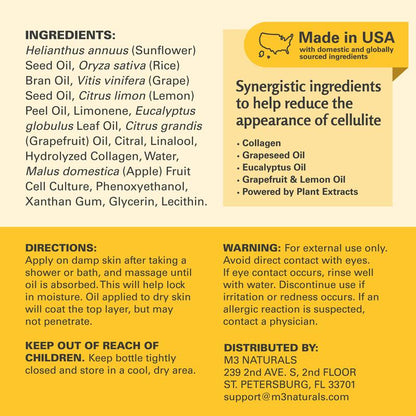 M3 Naturals Cellulite Massage Oil 8Oz - Smooth the Appearance of Cellulite - Body Care & Skin Care Massage Oil - Topical Collagen and Plant Stem Cell Body Oil to Restore Texture and Elasticity - Soothing Body Oil