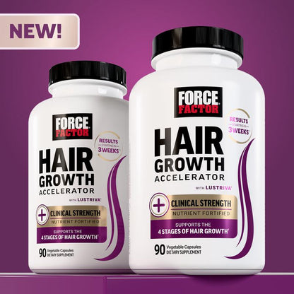 Force Factor Hair Growth Accelerator with Clinically Researched Lustriva for Enhanced Hair Thickness and Strength, Featuring Biotin, Vitamins E & C, Available in Soft Chews or Capsules, Mixed Berry Flavor