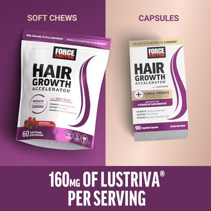 Force Factor Hair Growth Accelerator with Clinically Researched Lustriva for Enhanced Hair Thickness and Strength, Featuring Biotin, Vitamins E & C, Available in Soft Chews or Capsules, Mixed Berry Flavor